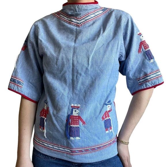 Vintage The Ranch Boutique Handwoven In Guatemala Denim Embroidered Boho Tunic S - Picture 1 of 9